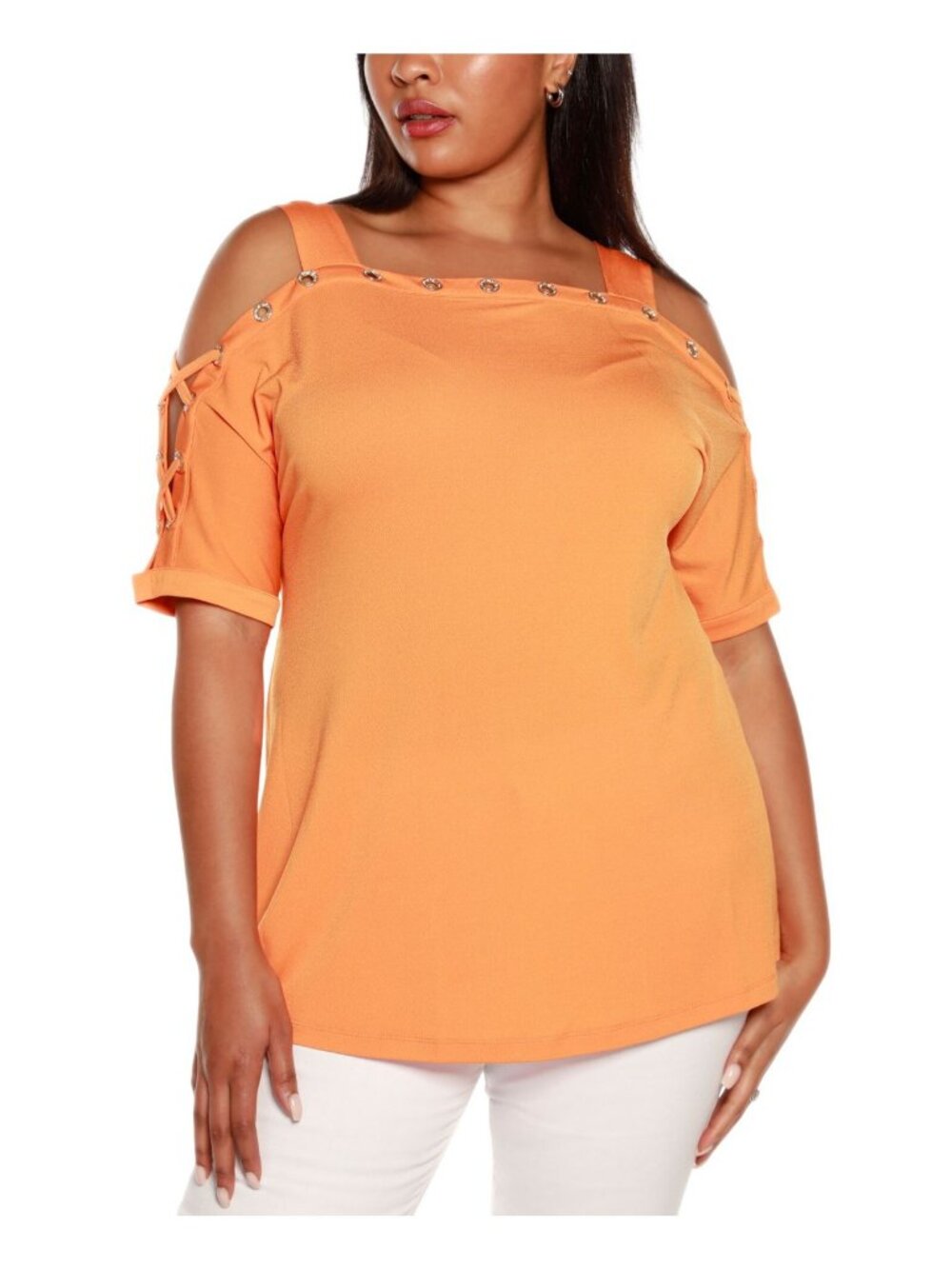 NWT Belldini Cold Shoulder Top with Grommet Trim Clementine Orange / Gold 3X